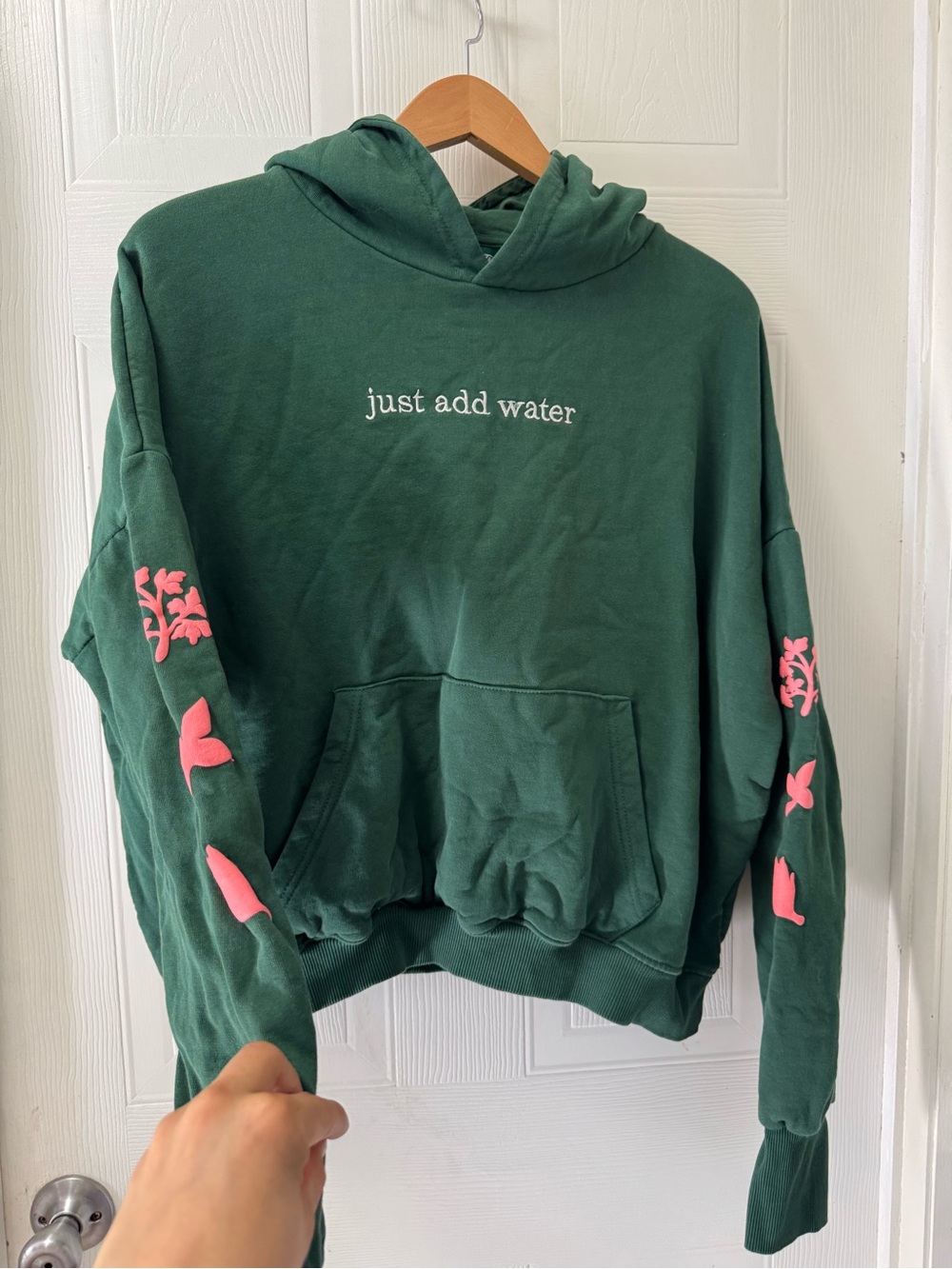 Just Add Water Green Hoodie Sweater with Pink Sleeve Accents - Picture 6 of 9
